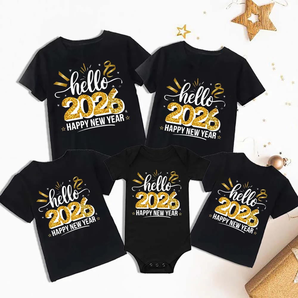Hola 2026 Feliz Año Nuevo Estampado Familia Trajes a juego Manga corta Día de Año Nuevo Traje a juego El mejor regalo de Año Nuevo para la familia