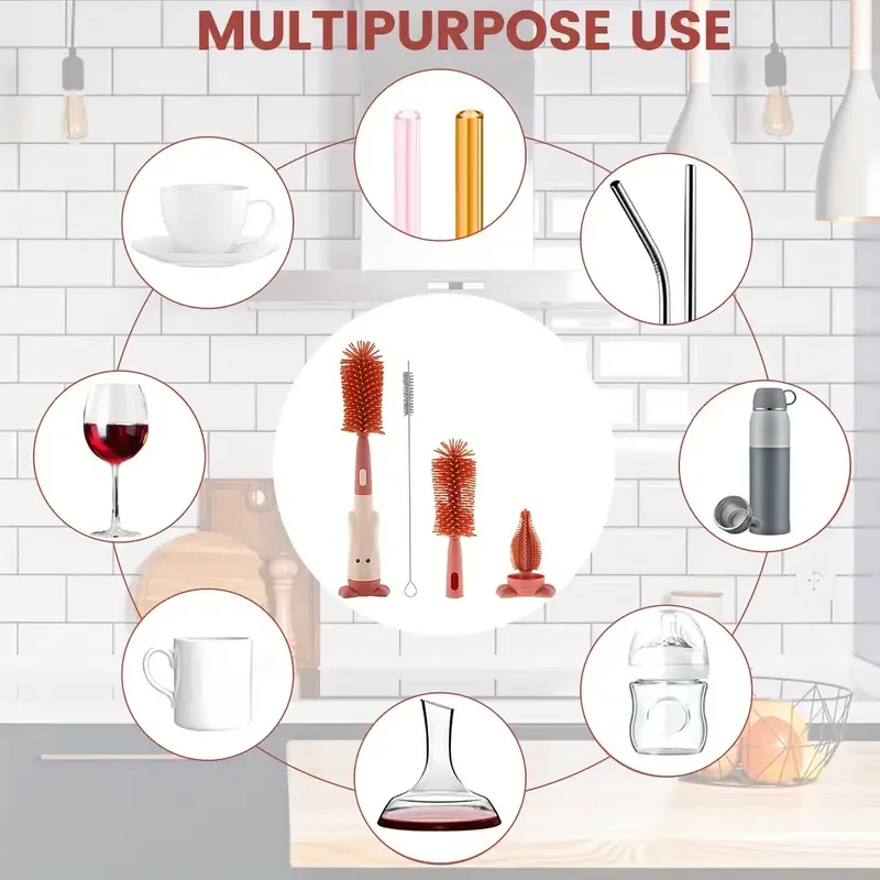 Cepillo para botellas, taza de té, cepillo de pie multifuncional, juego de cepillos para pezones de silicona de calidad alimentaria, cepillo para tazas, cepillo de paja tres en uno Spon - imagen 3