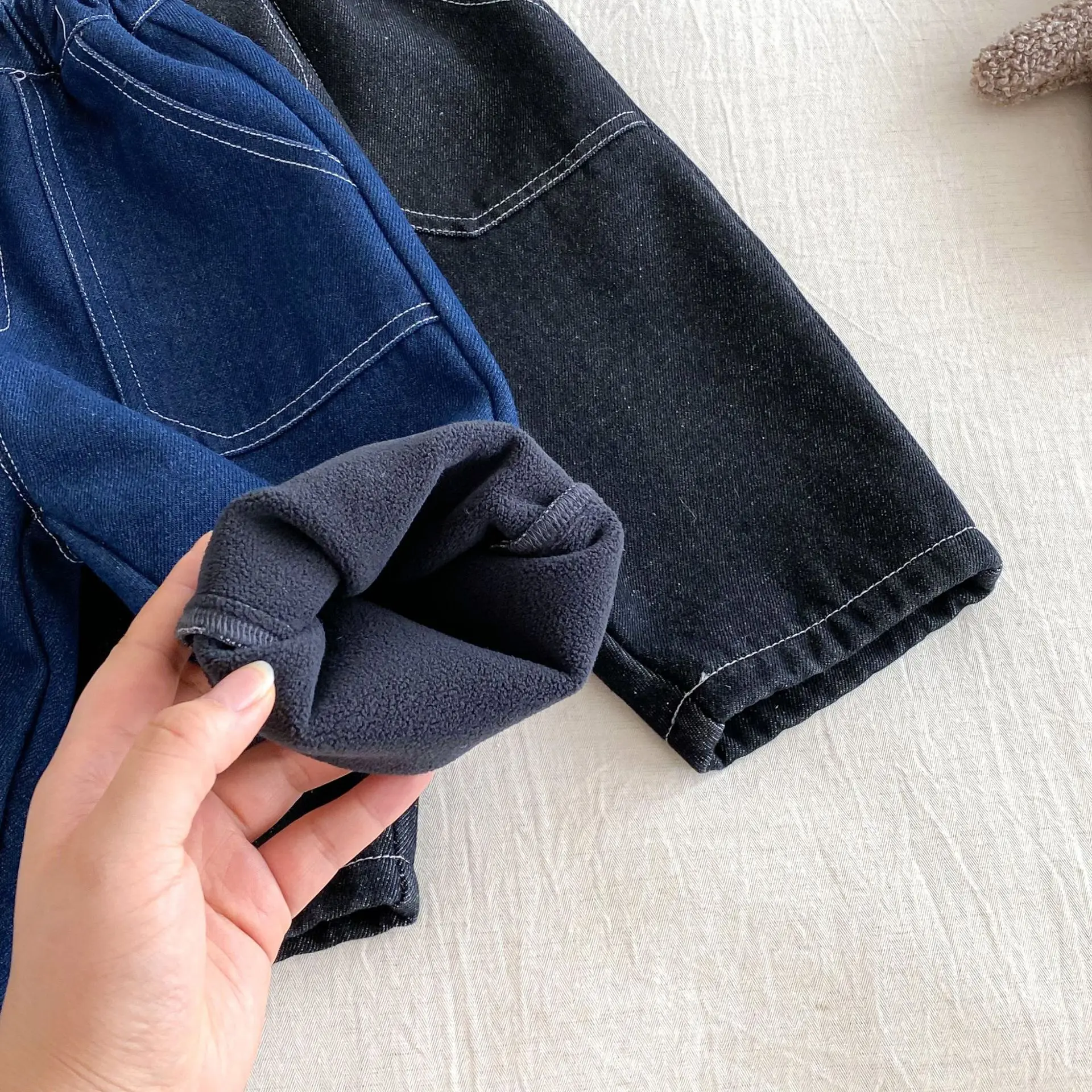 Pantalones para niños de 1 a 5 años, pantalones con forro de piel para niños, pantalones vaqueros gruesos y cálidos, pantalones vaqueros Harem sólidos - imagen 5