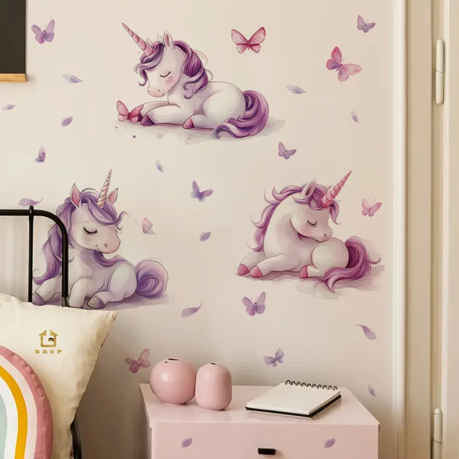 Pegatinas de pared de unicornio de ensueño, pegatinas de pared autoadhesivas de dibujos animados de mariposa, pegatinas de decoración para dormitorio y habitación de niños - imagen 2