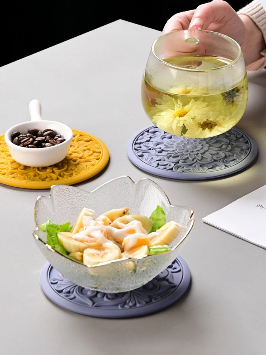 3 unids/set estera de vajilla de silicona reutilizable Vintage hueco tallado almohadilla de silicona con aislamiento térmico tazón taza mantel individual Decoración de mesa - imagen 5