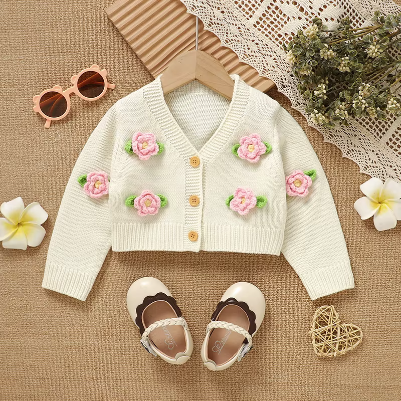Cárdigan floral de punto para niña manga larga con botones - imagen 2