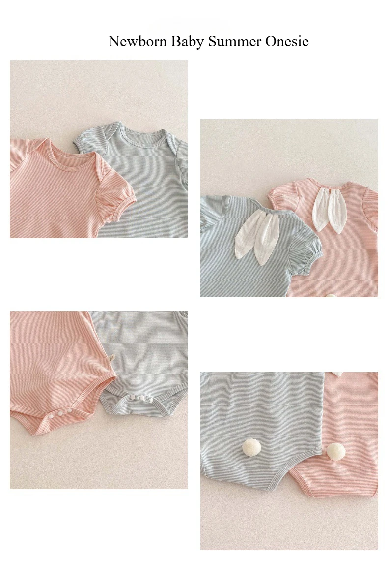 Pelele fino de verano para niños y niñas, mono de manga corta a rayas con bonito conejo para recién nacido, mono triangular para bebé de 1-3-6-9M - imagen 5