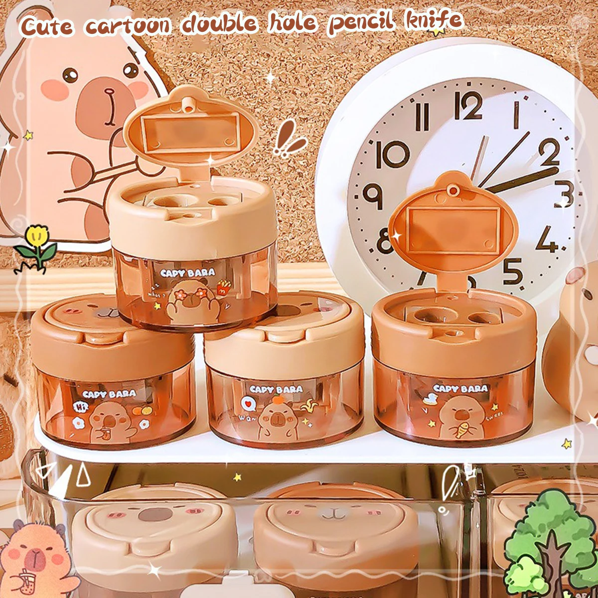 Sacapuntas de doble agujero con tapa abatible de dibujos animados de capibara para niños, Mini sacapuntas compacto portátil, suministros escolares, herramienta de aprendizaje