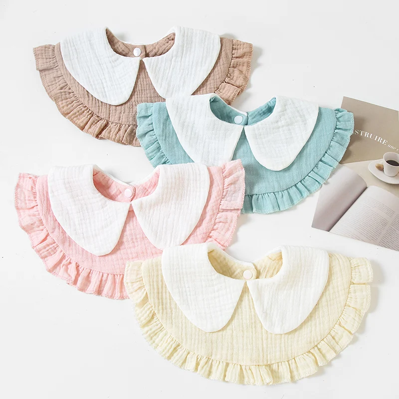 Baberos de gasa para alimentación de bebé, Baberos con volantes de Color sólido, toalla para Saliva, paños para eructar de algodón suave para niños y niñas, accesorios para niños