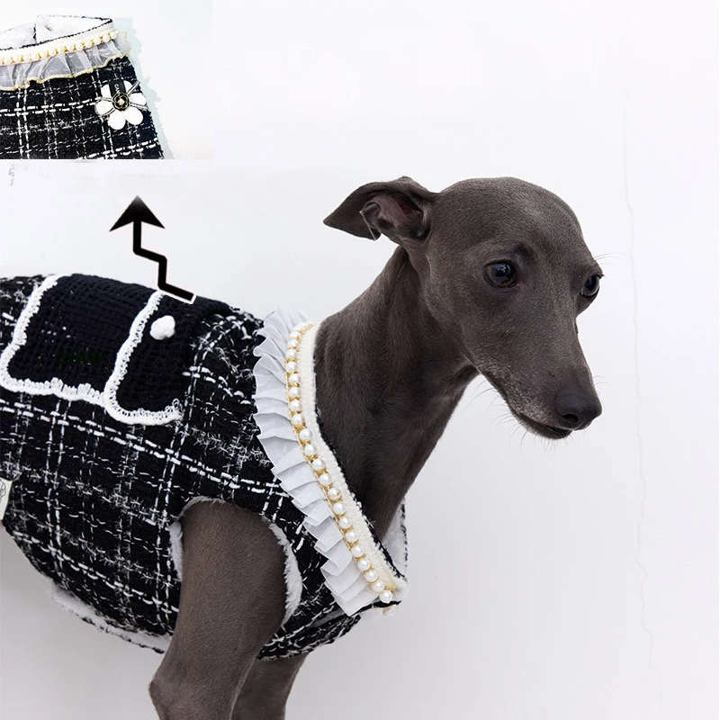 Ropa fragante a cuadros en blanco y negro con perla para mujer Whippet galgo italiano chaleco de perro femenino de lujo en fiesta - imagen 3