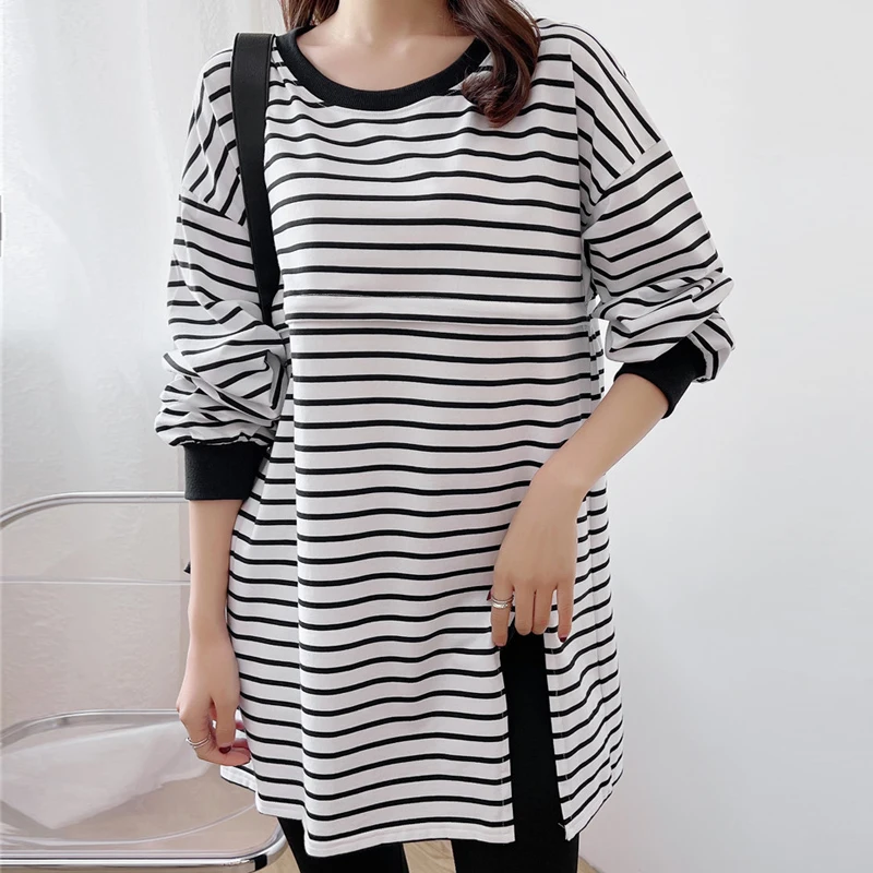 Jersey a rayas de manga larga de talla grande, camisetas holgadas con cuello redondo para amamantar, ropa de maternidad abierta cruzada para otoño