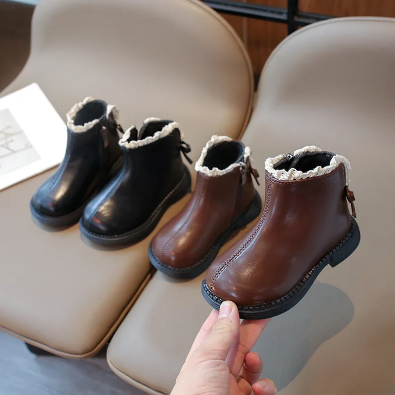 2025 Bota para niña Otoño e Invierno botines cortos para niños Zapatos de princesa de cuero PU Botas cálidas de algodón para bebé Zapatos Niña - imagen 3
