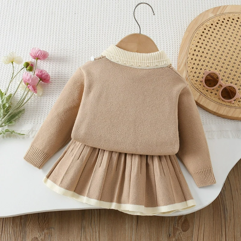 Nuevo conjunto de vestido de otoño e invierno para niñas, versión coreana elegante, cárdigan de punto con cuello de encaje, conjunto de dos piezas para niños - imagen 5