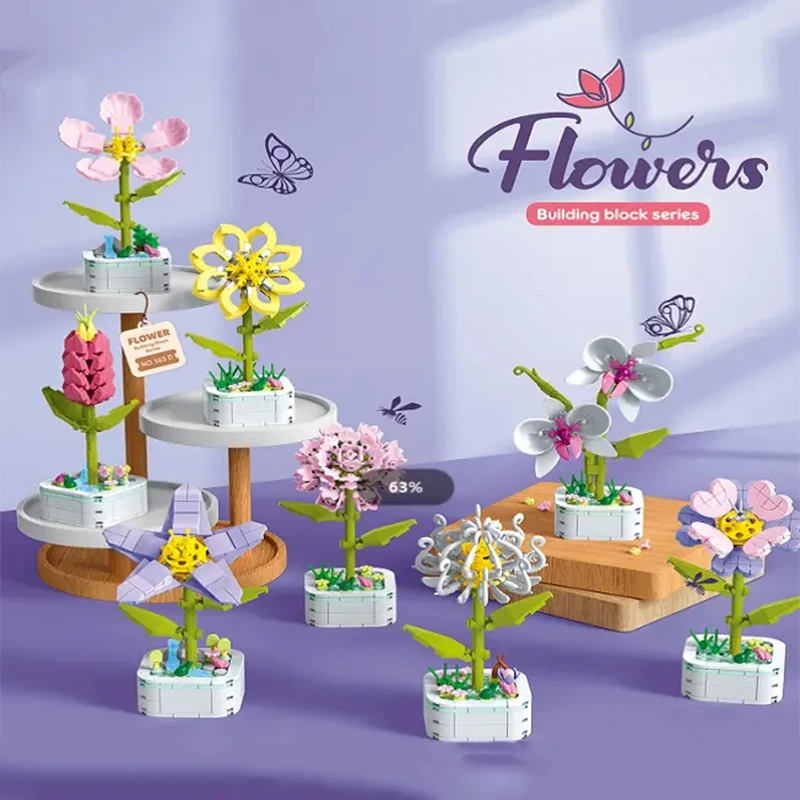 Bloques de construcción de plantas en maceta para niños, ramo de Azalea de melocotón, adornos creativos de decoración de escritorio, Juguetes DIY, regalos de vacaciones