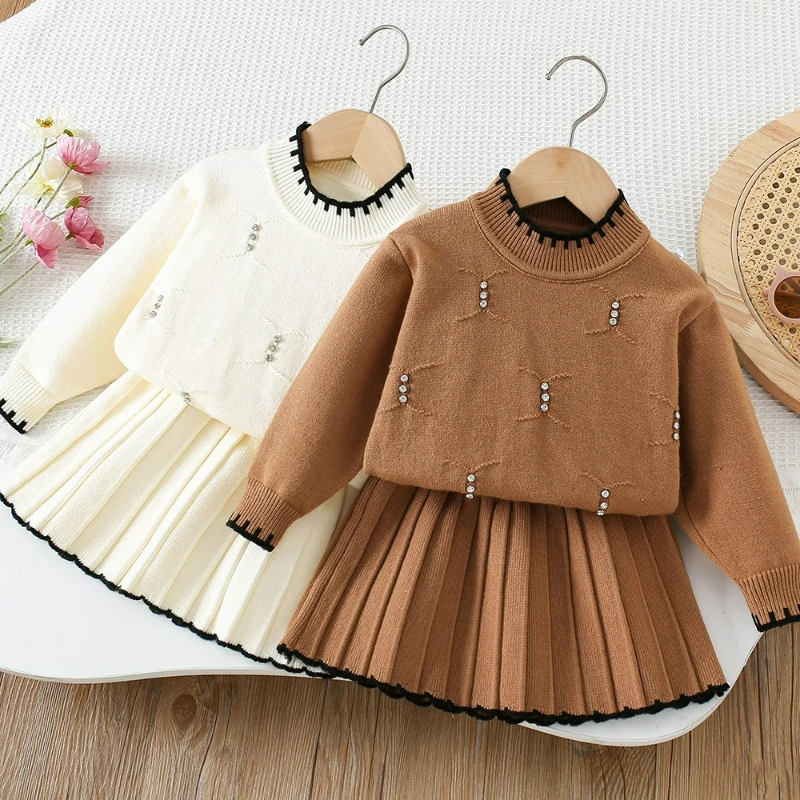 Conjunto de suéter para niños Otoño e Invierno moda Simple Color sólido tejido con cuentas elegante jersey y falda conjunto de dos piezas - imagen 2