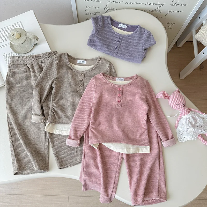 2 unids/set de camiseta de cuello redondo para niñas + pantalones largos, conjuntos de ropa de manga larga para niños, ropa de moda para niños - imagen 2