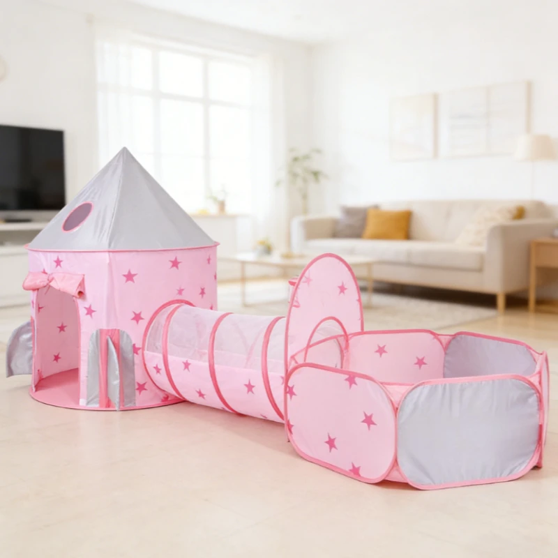 Tienda de campaña infantil rosa con túnel y piscina bolas - imagen 5