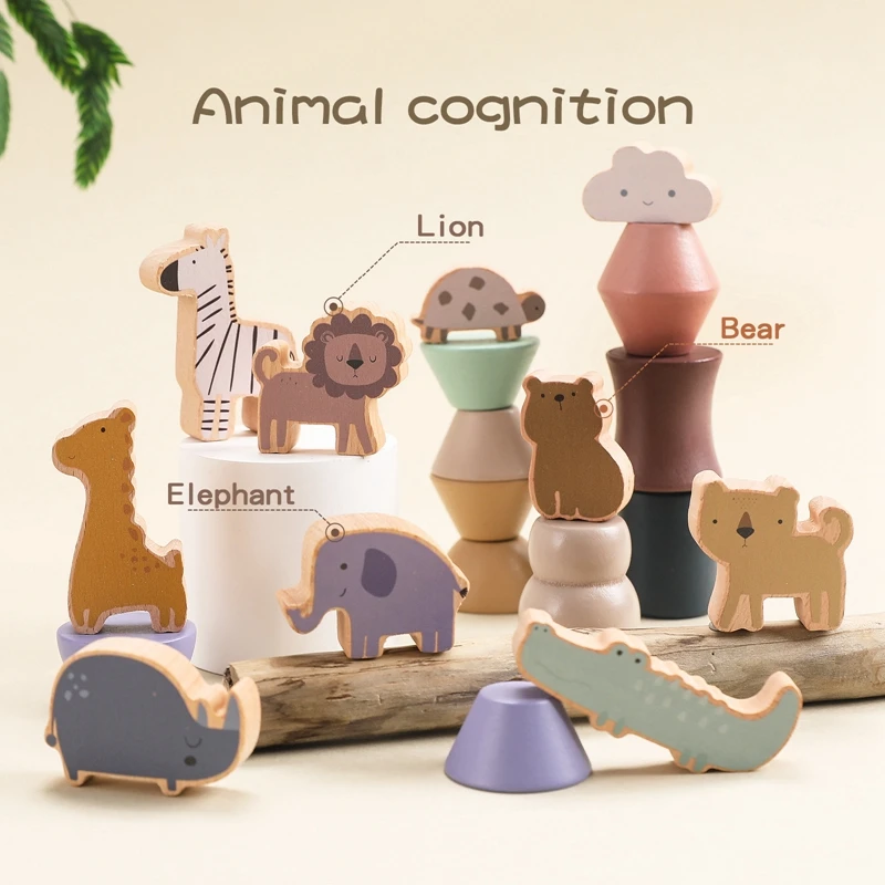 Juguete Montessori de apilamiento de animales de madera para niños, juguetes de bloques de equilibrio, juego de mesa educativo, bloques de apilamiento de equilibrio, regalos para bebés - imagen 2