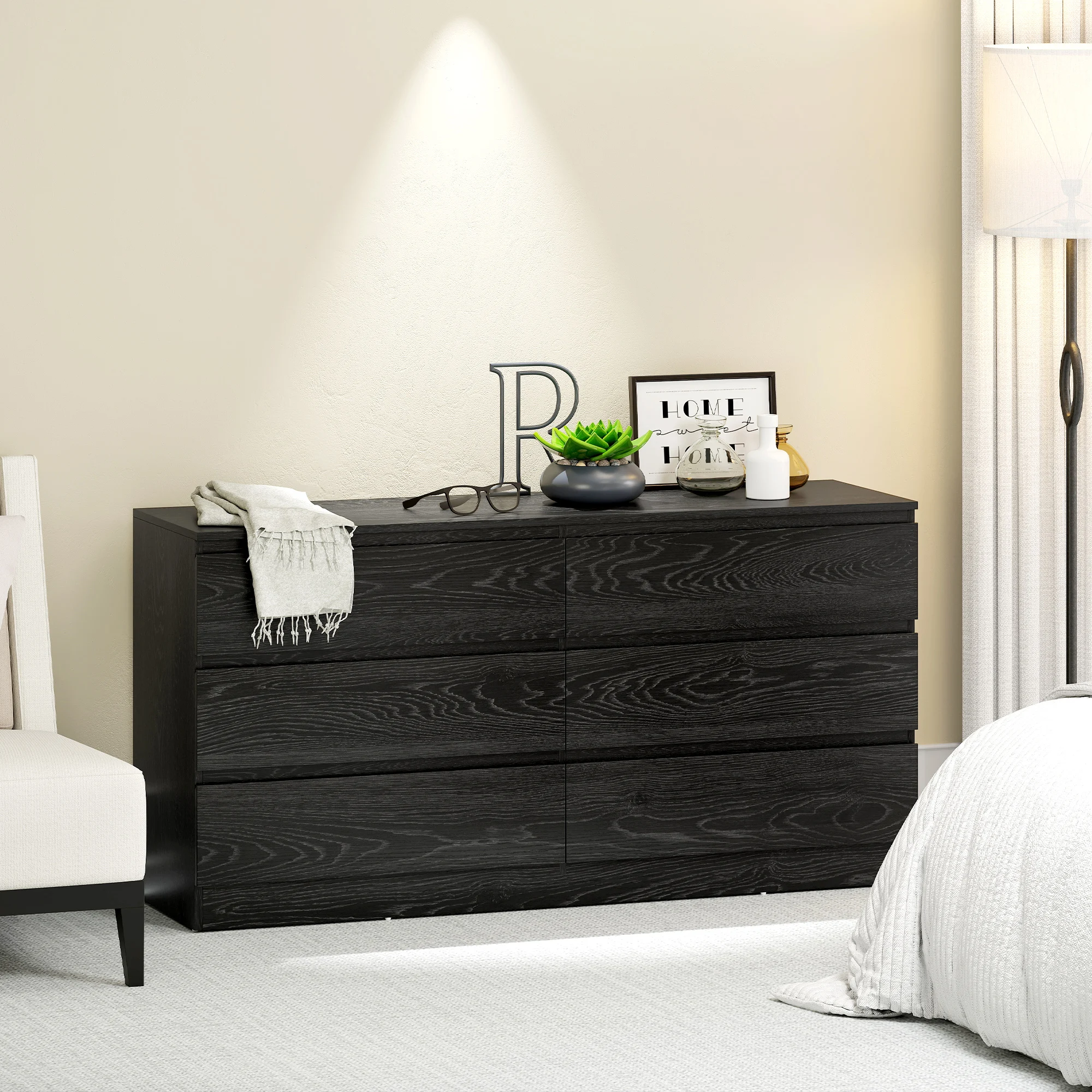 HOMCOM Cómoda 6 Cajones, Cómoda Dormitorio, Cajonera para Salón, Oficina, Estilo Moderno, 140x40x71 cm, Negro Veteado - imagen 2