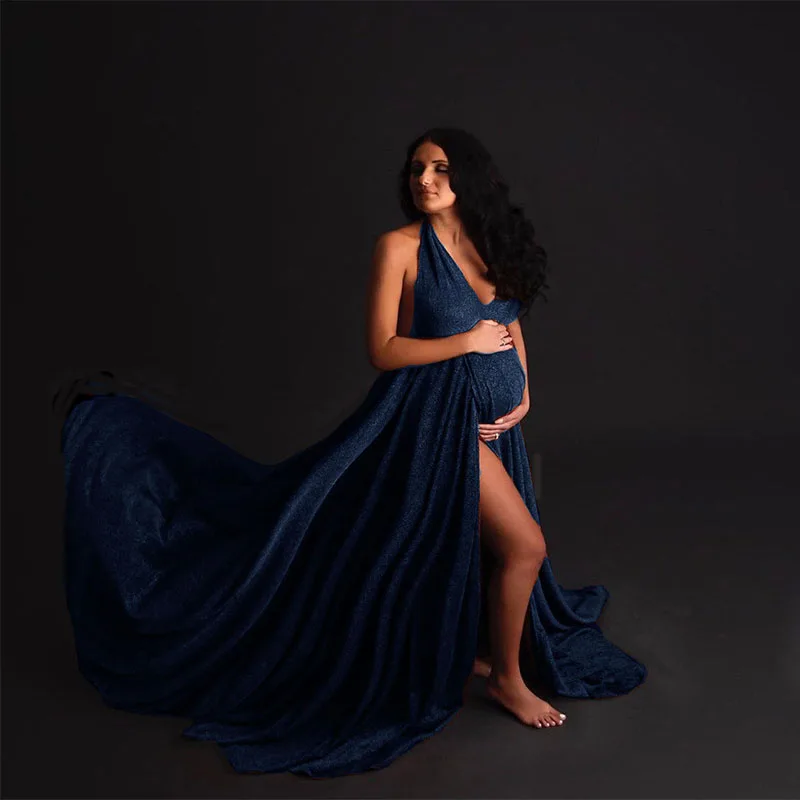 Falda de maternidad larga para fotos – Vestido cuello en V - imagen 3