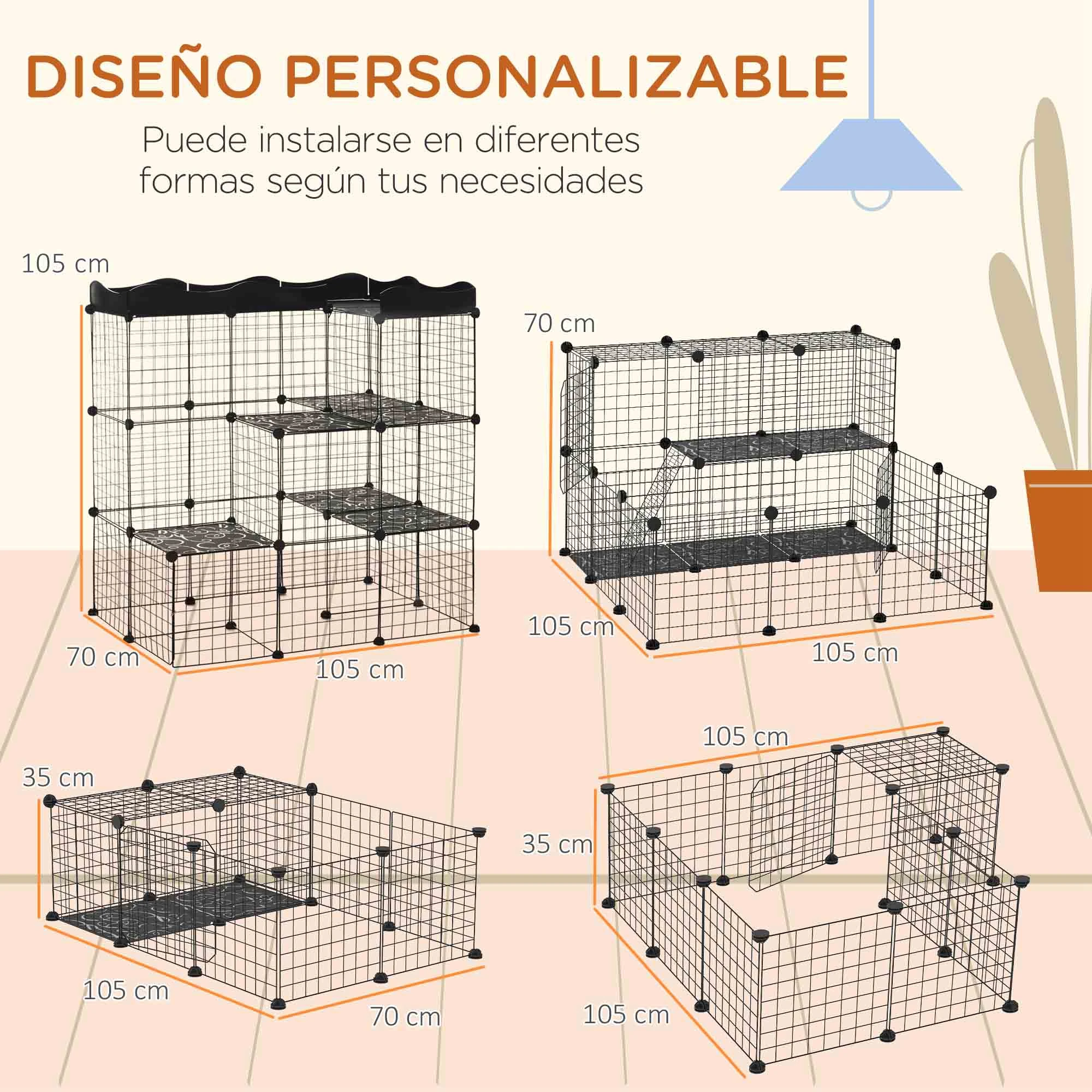 PawHut Jaula para Animales Pequeños de 40 Paneles Parque para Mascotas Forma Personalizable Valla Metálica para Cobayas Conejos Gatito 105x70x116 cm Negro - imagen 4