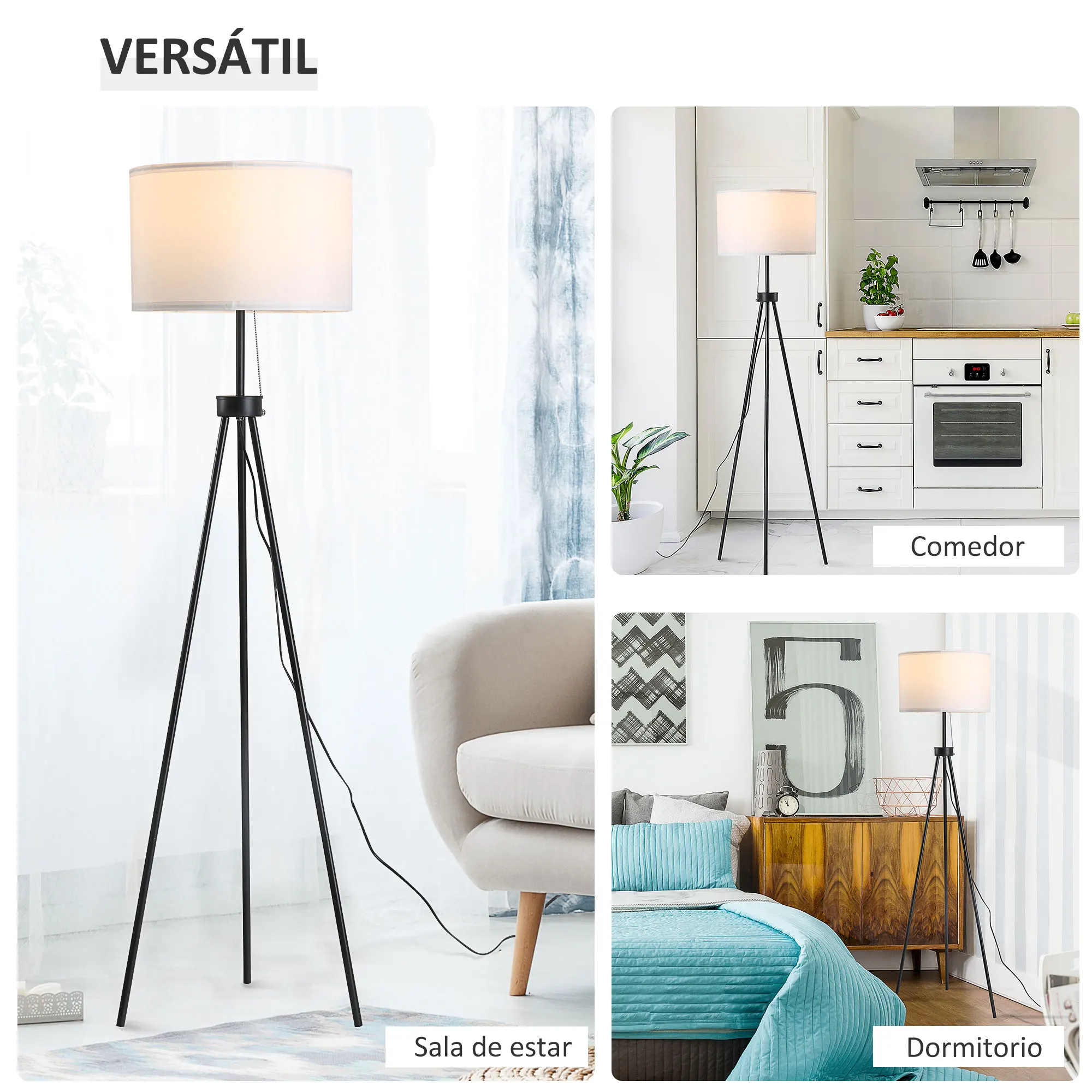 HOMCOM Lámpara de Pie Moderna Lámpara de Pie Salón con Pantalla Redonda Trípode y Casquillo E27 Lámpara para Dormitorio Sala de Estar Blanco y Negro - imagen 3