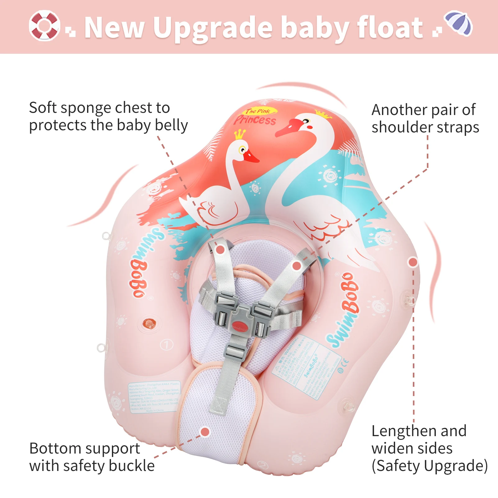 Swimbobo, nuevos actualizaciones, malla más asiento de seguridad, bolsillo, flotador de natación inflable para bebé, anillo flotante para niños, círculo, juguetes de verano - imagen 4