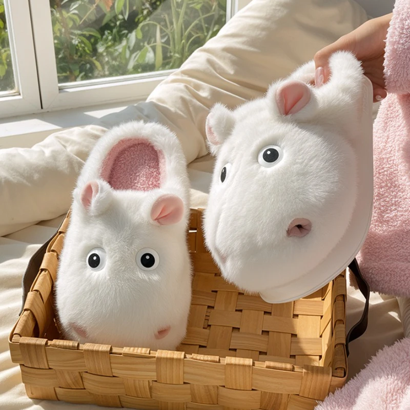 Zapatillas mullidas de interior para mujer, bonitos dibujos de hipopótamo, zapatos de casa para otoño e invierno, chanclas de algodón antideslizantes de felpa cálidas para el suelo del hogar - imagen 4