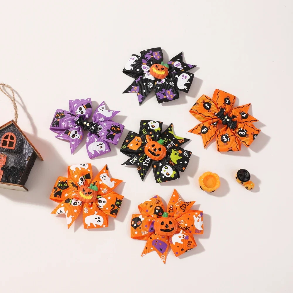 6 unids/set de pinzas para el cabello con estampado de calabaza de Halloween hechas a mano para niñas y niños, horquillas con lazo, accesorios exclusivos para el cabello de fiesta para mujeres