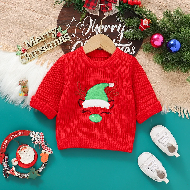 Suéter navideño bebé rojo y verde de cuello redondo con manga larga - imagen 3
