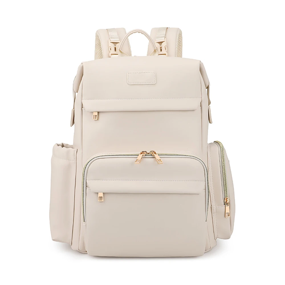 Mochila pañalera minimalista beige claro con bolsillos exteriores - imagen 4