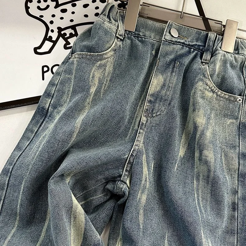 Vaqueros de pierna recta sueltos estilo callejero para niños para otoño, pantalones casuales de marca de moda, elegantes y versátiles para salir - imagen 2