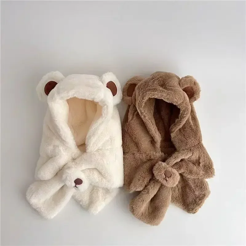 Gorro peludo cálido para bebé con bufanda, conjunto de oso de dibujos animados, gorro con protección para los oídos para niño pequeño con bufanda, gorros cálidos de felpa gruesos para invierno