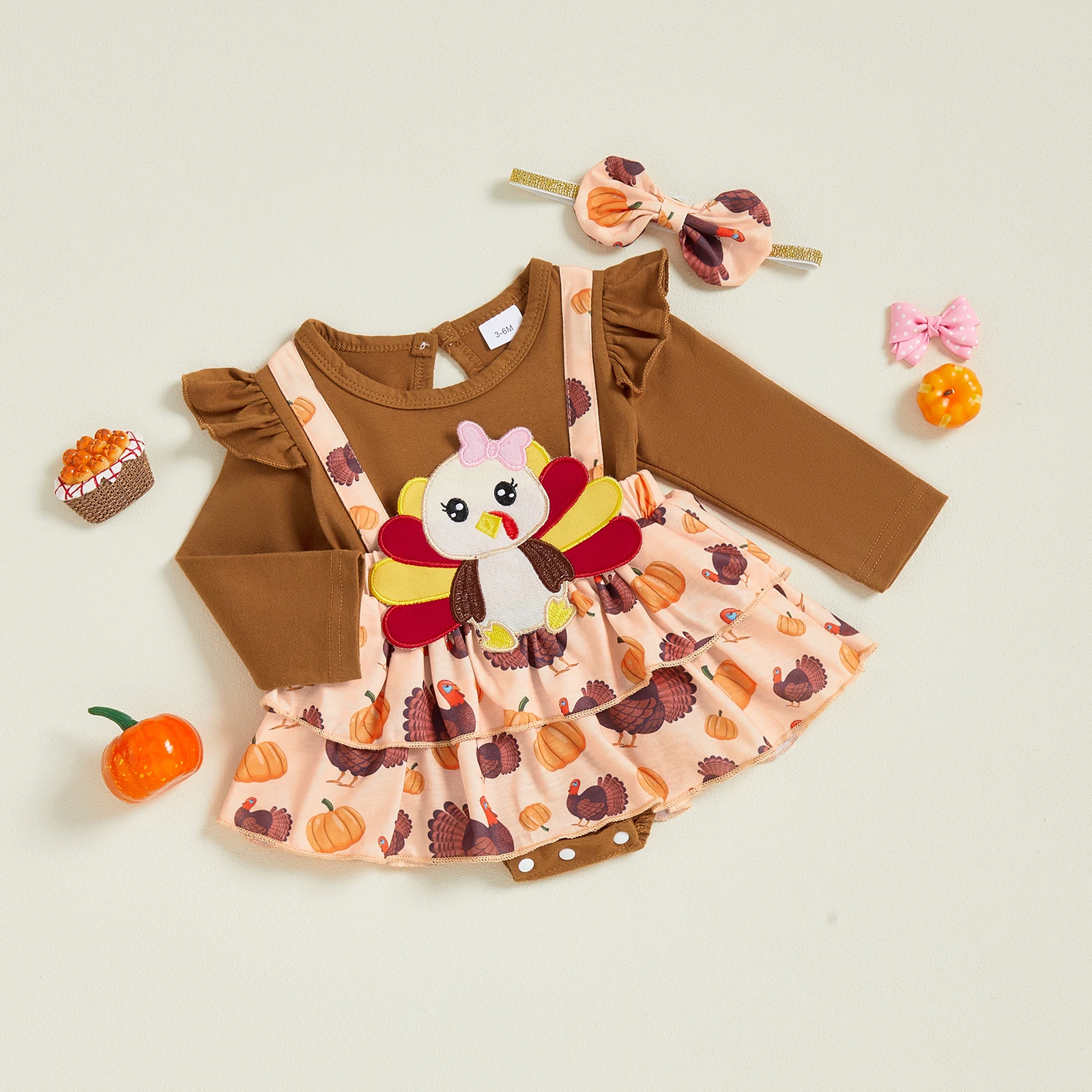 Traje de Acción de Gracias para niña de 0 a 18 meses, vestido mameluco de manga larga con volantes de pavo y diadema con lazo, conjunto de 2 piezas para otoño - imagen 3