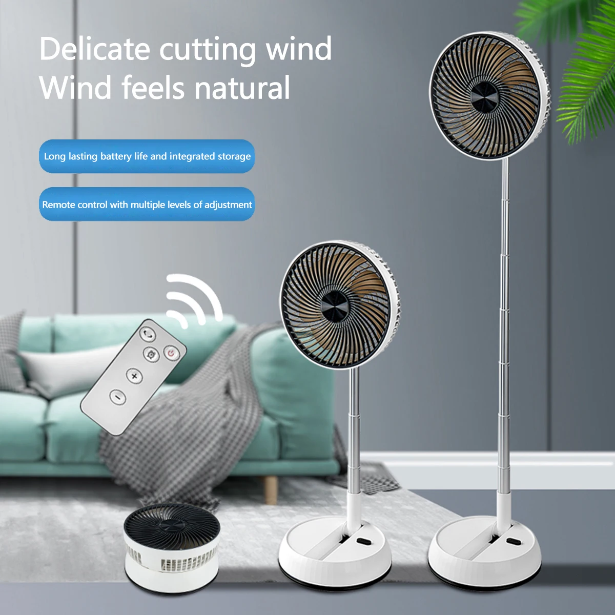 Ventilador de pie oscilante portátil con mando a distancia, ventilador de escritorio plegable, ventilador de Pedestal con batería recargable para acampar - imagen 3