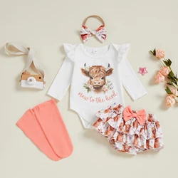 Conjuntos de ropa para niña, pelele con estampado de vaca de las tierras altas de manga larga y falda con volantes, diadema, medias, 4 Uds.