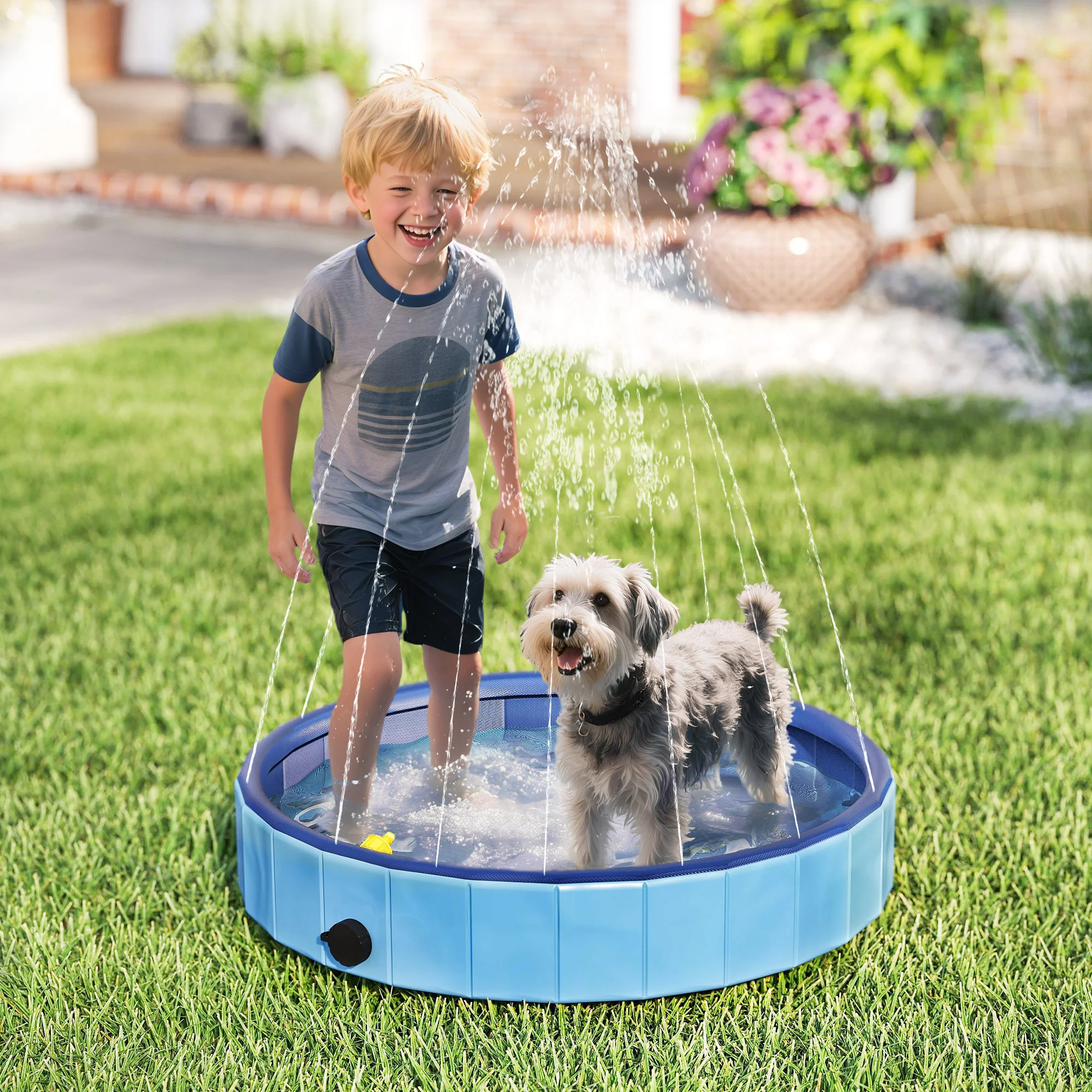PawHut Piscina para Perros Plegable con Aspersor Bañera Portátil para Mascotas Pequeños de PVC Antideslizante y Resistente al Desgaste para Interiores y Exteriores Azul Claro