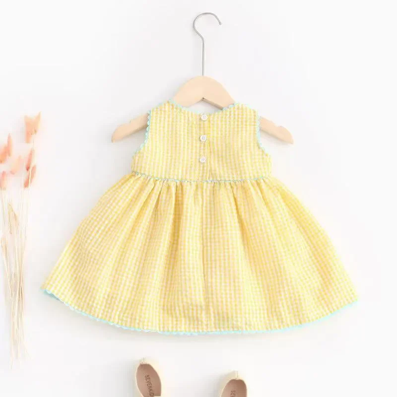 Vestido de bebé de 0 a 4T, sin mangas, tablero de ajedrez, bordado de animales, pato, conejito, Pastel, amarillo, rosa, bonito, delicado, informal, de verano, fácil de usar - imagen 3