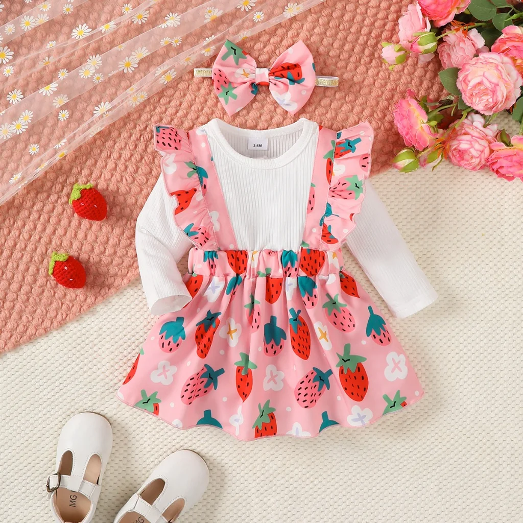 Vestido fresa de manga larga con diadema infantil