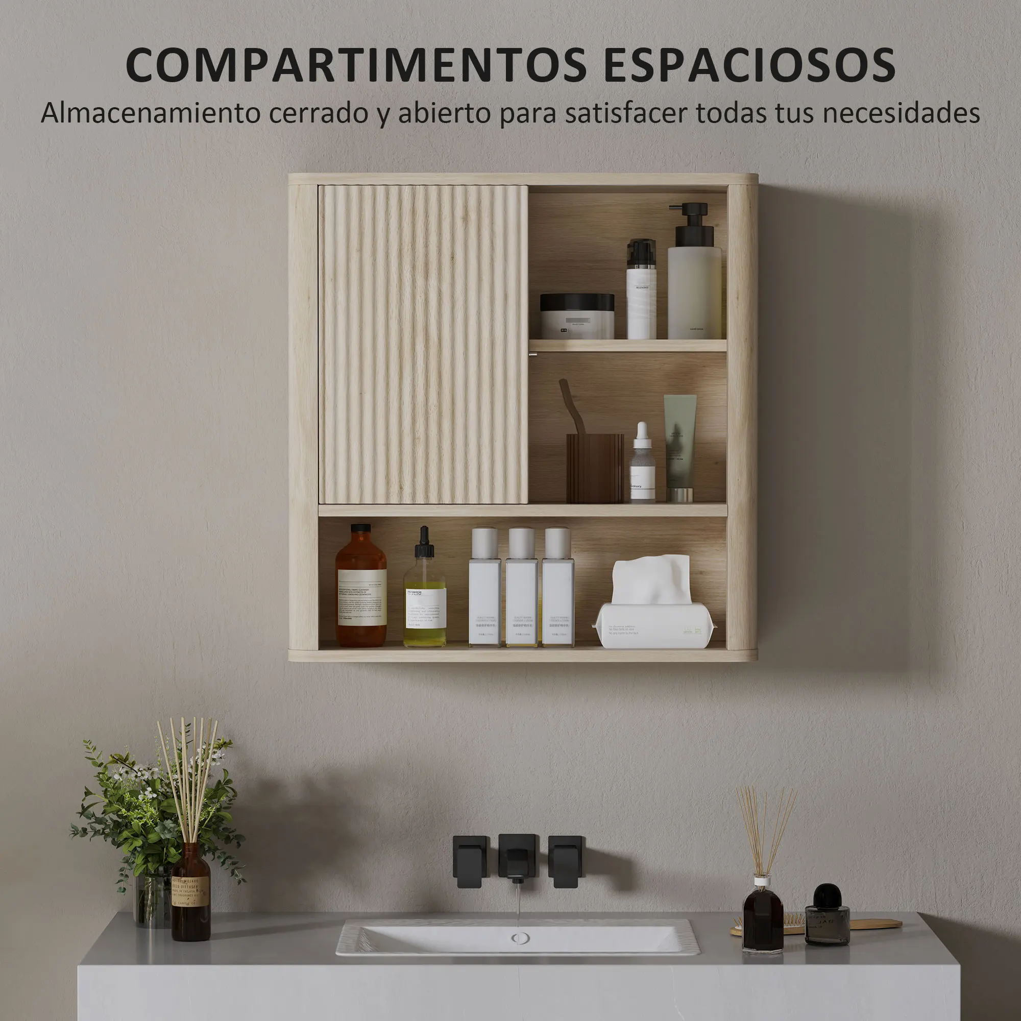 HOMCOM Armario de Baño de Pared Mueble de Baño Colgar con Estantes Ajustables Puerta Corredera Compartimentos y Diseño con Perfil Curvo 60x20x62 cm Natural - imagen 3