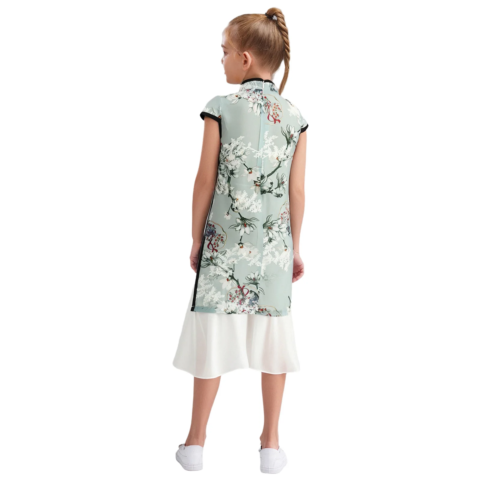 Cheongsam con estampado Floral bordado para niñas, cuello mandarín, mangas casquillo, nudo, botón, lados, vestido dividido, traje tradicional chino - imagen 3