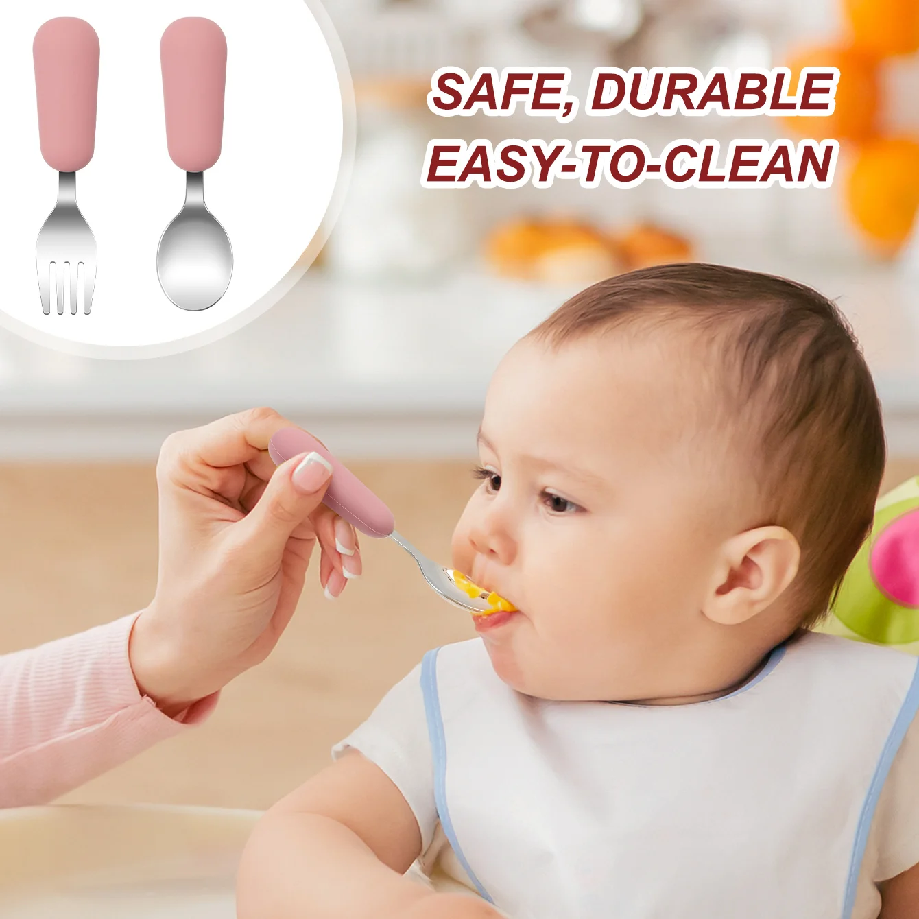 Juego de utensilios de alimentación infantil de acero inoxidable, mango de silicona, agarre antideslizante, cubiertos seguros de calidad alimentaria para niños pequeños, 2 uds. - imagen 5