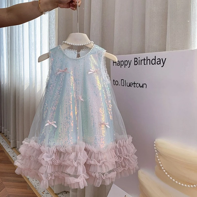 Vestido de verano sin mangas para niñas, falda sin mangas con lentejuelas y mariposa, vestido de princesa Formal de alta gama, falda de tul dulce para Halloween - imagen 4