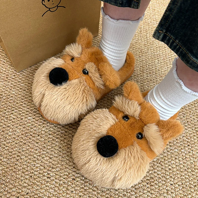 Zapatillas infantiles de felpa antideslizante con diseño canino para niñas