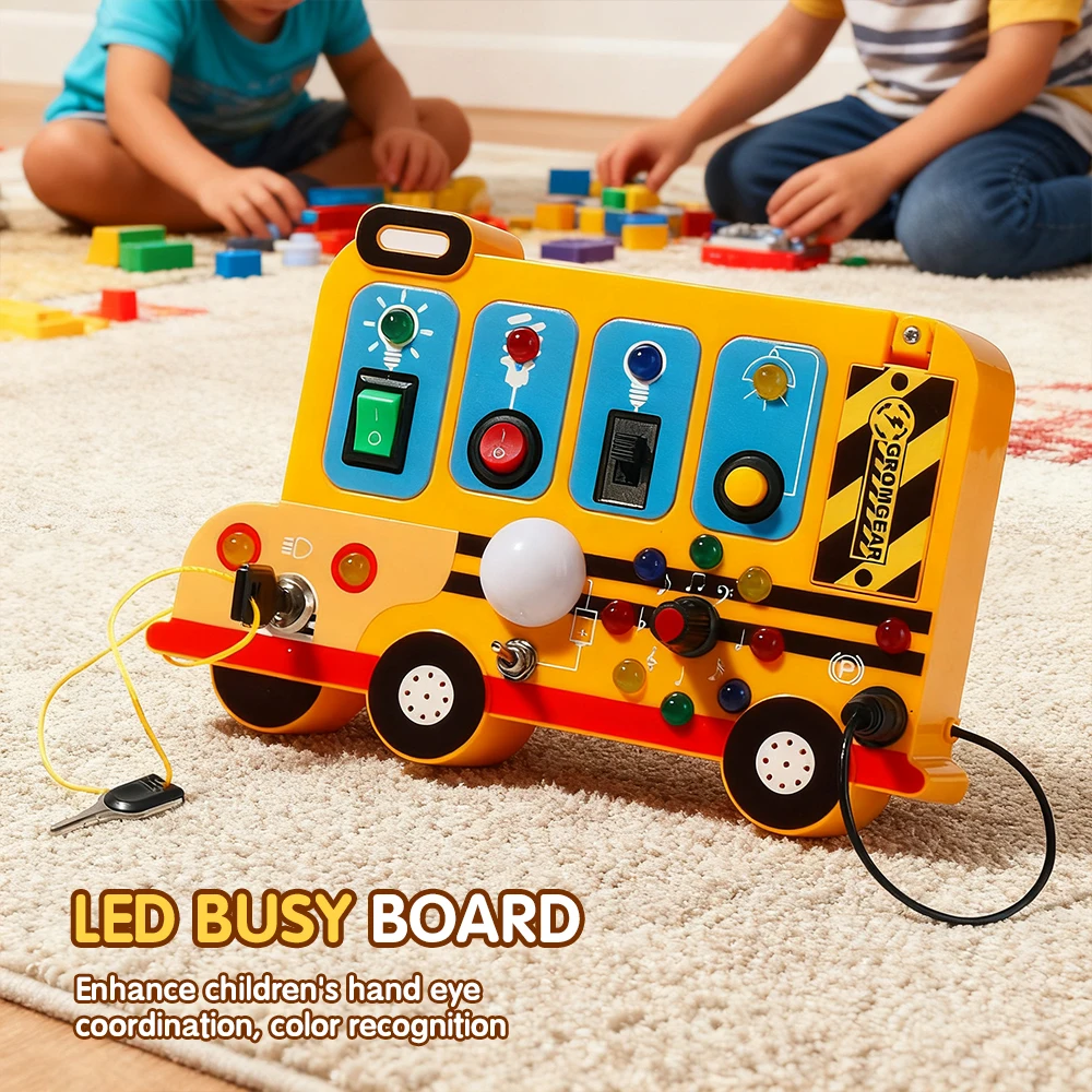 Tablero ocupado Montessori, juguetes sensoriales, autobús con interruptor de luz LED, tablero de Control, juego de botones LED multifuncional para niños, regalos de navidad - imagen 5
