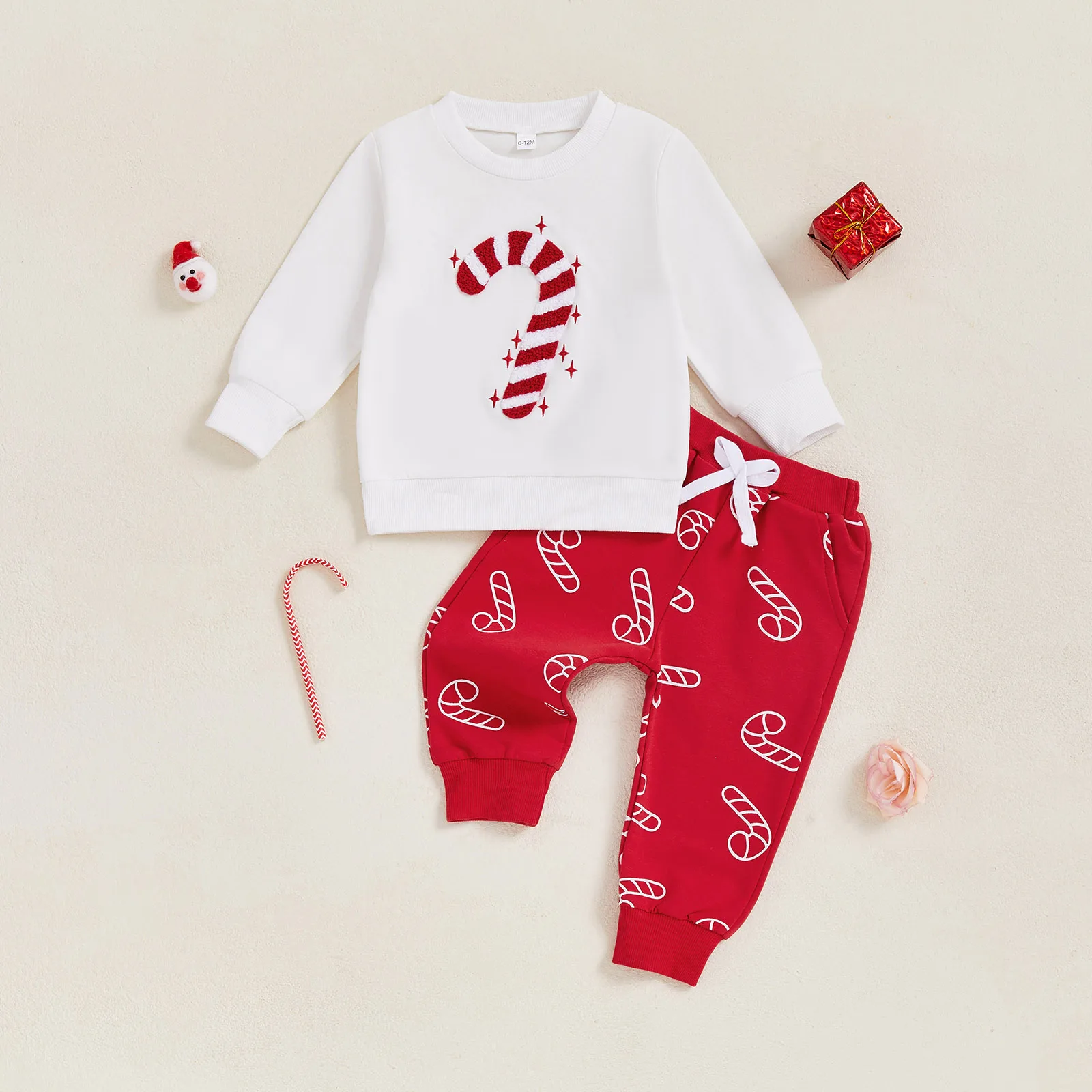 SUNSIOM Traje de Navidad para bebé con bordado de bastón de caramelo, sudadera de manga larga y pantalones elásticos, ropa de 2 piezas para niños pequeños