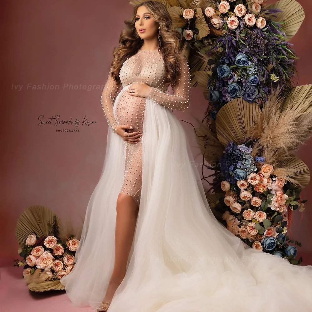 Vestido premamá de tul con perlas para fotos embarazo - imagen 3