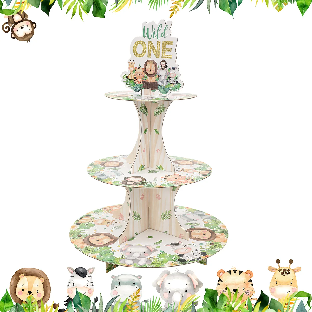 1 Juego de soporte de exhibición de pastel de fiesta de Safari en la jungla de dibujos animados de 3 niveles, estante para cupcakes de cumpleaños de animales salvajes, decoración de bandeja para pastel de Baby Shower