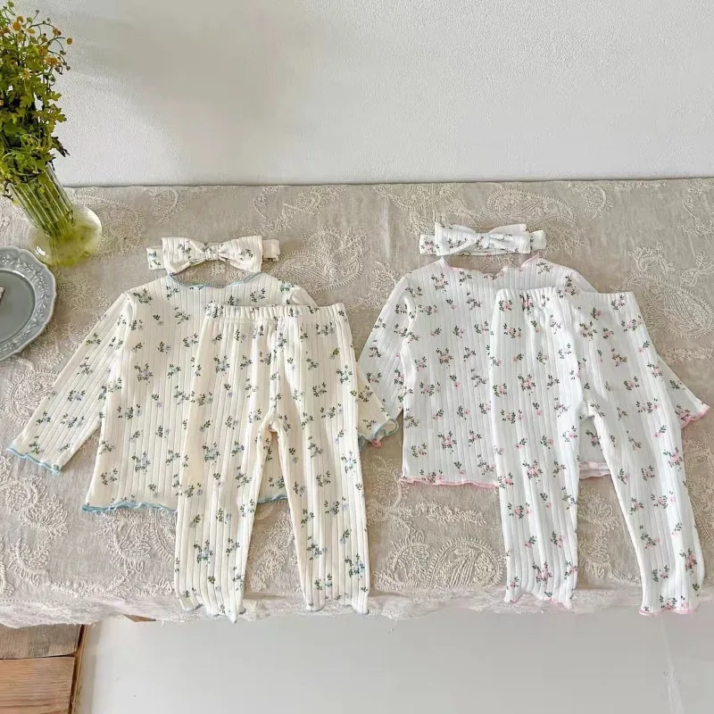 Ropa de dormir Floral bonita para niña, pijama de algodón suave con estampado estético de flores, conjunto de Tops y pantalones para niña, ropa de dormir bonita de moda