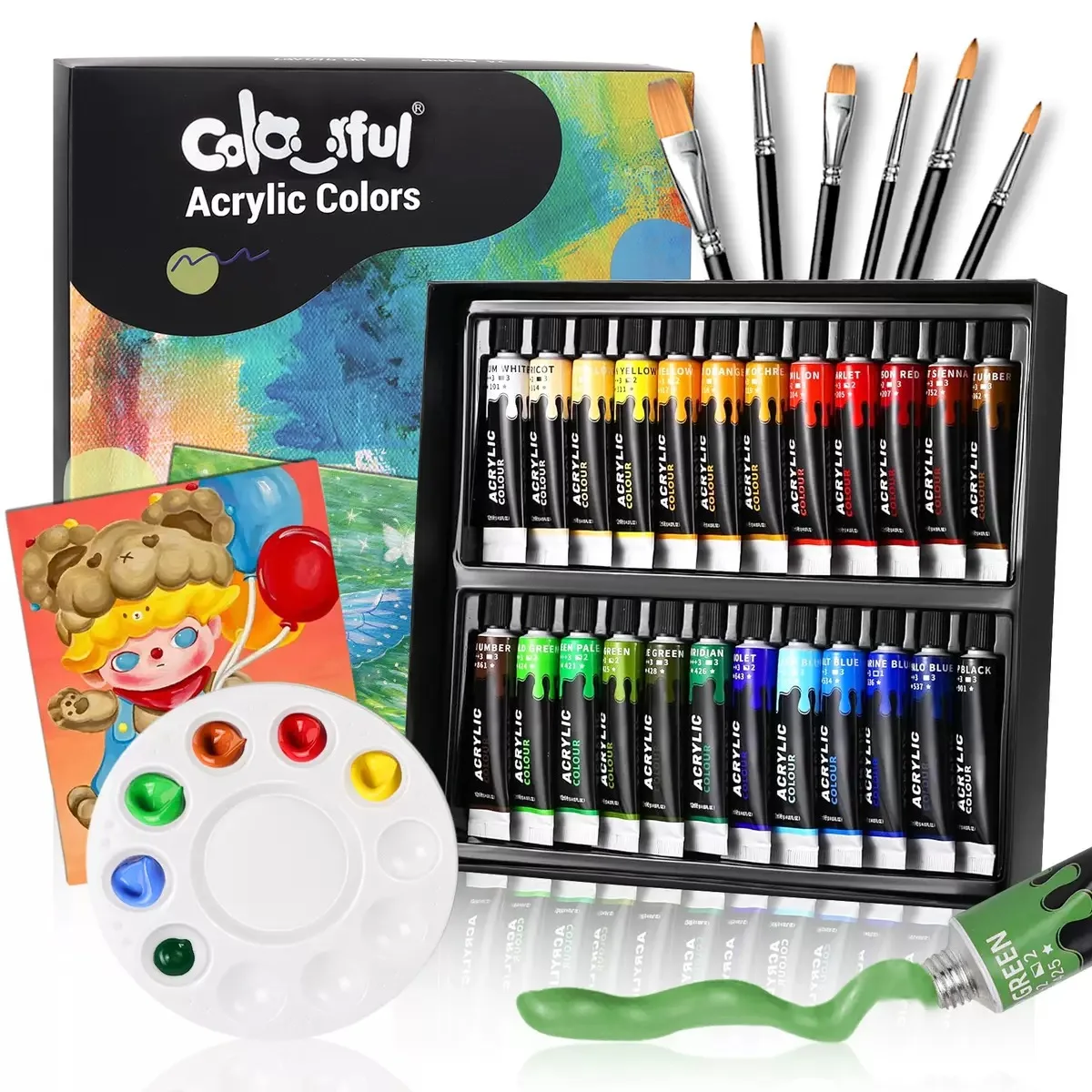Juego de pintura acrílica para manualidades, 12/24 colores, 12ml con 6 pinceles y 1 paleta, kit de pintura acrílica para manualidades, kits de pintura para estudiantes