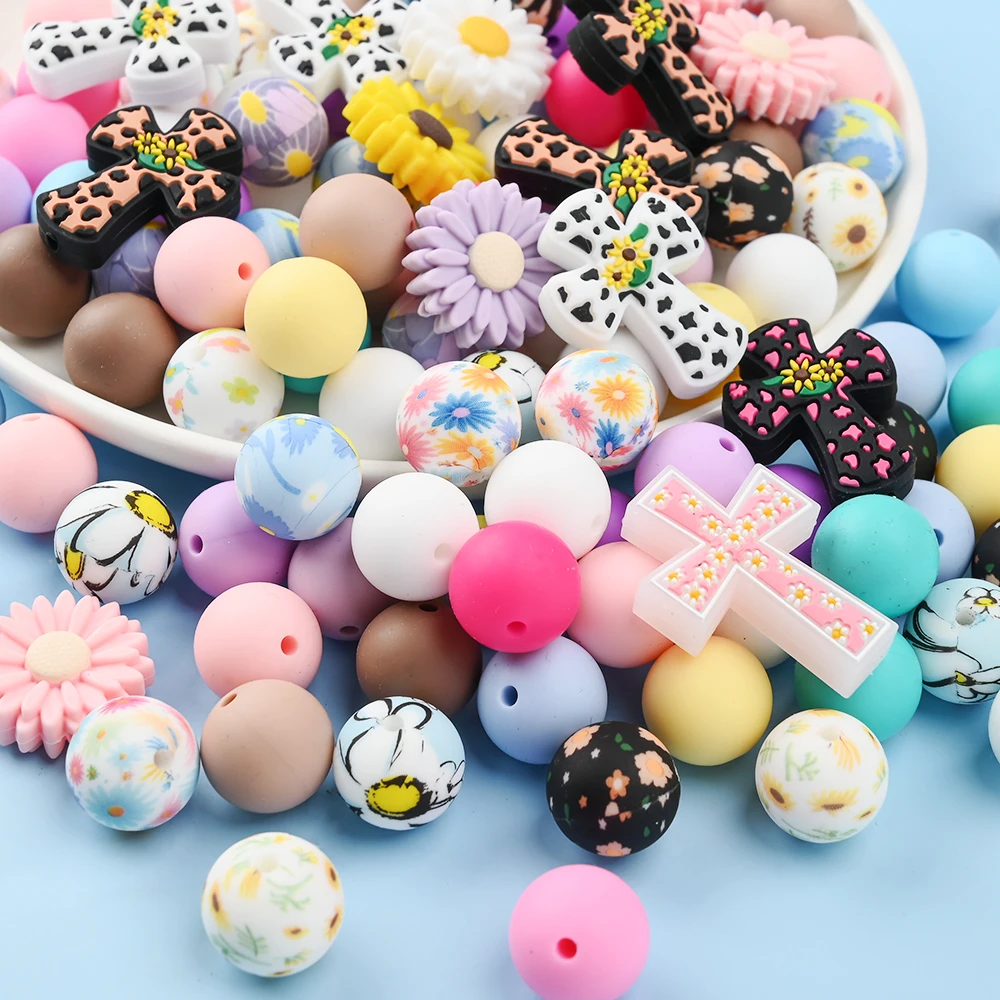 47 Uds. Cuentas focales de silicona con forma de Margarita cruzada, juegos redondos de cuentas de silicona para DIY, cadena de chupete para bebé, accesorios para pulsera mordedor - imagen 2