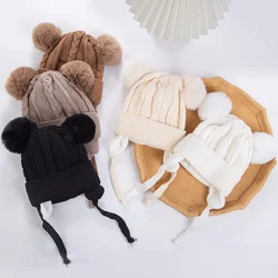 Gorros de punto con textura de oso para bebés y niñas, gorros gruesos y cálidos con protección para los oídos, forro de algodón, diademas para niños