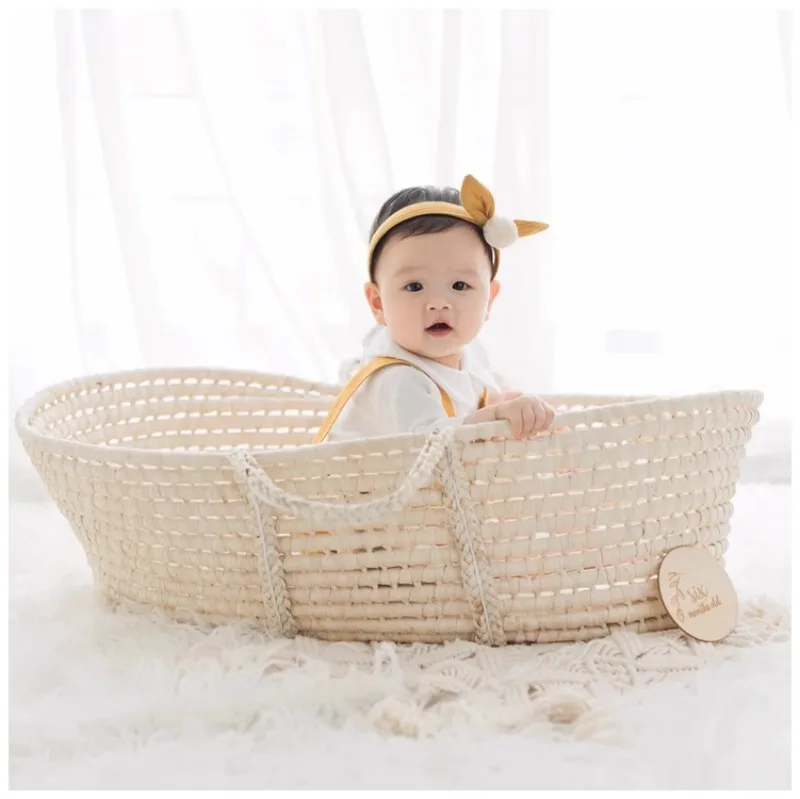 Cesta portátil de paja hecha a mano para bebé, cesta Moses para dormir, adorno de fotografía para niños, cesta para dormir - imagen 2