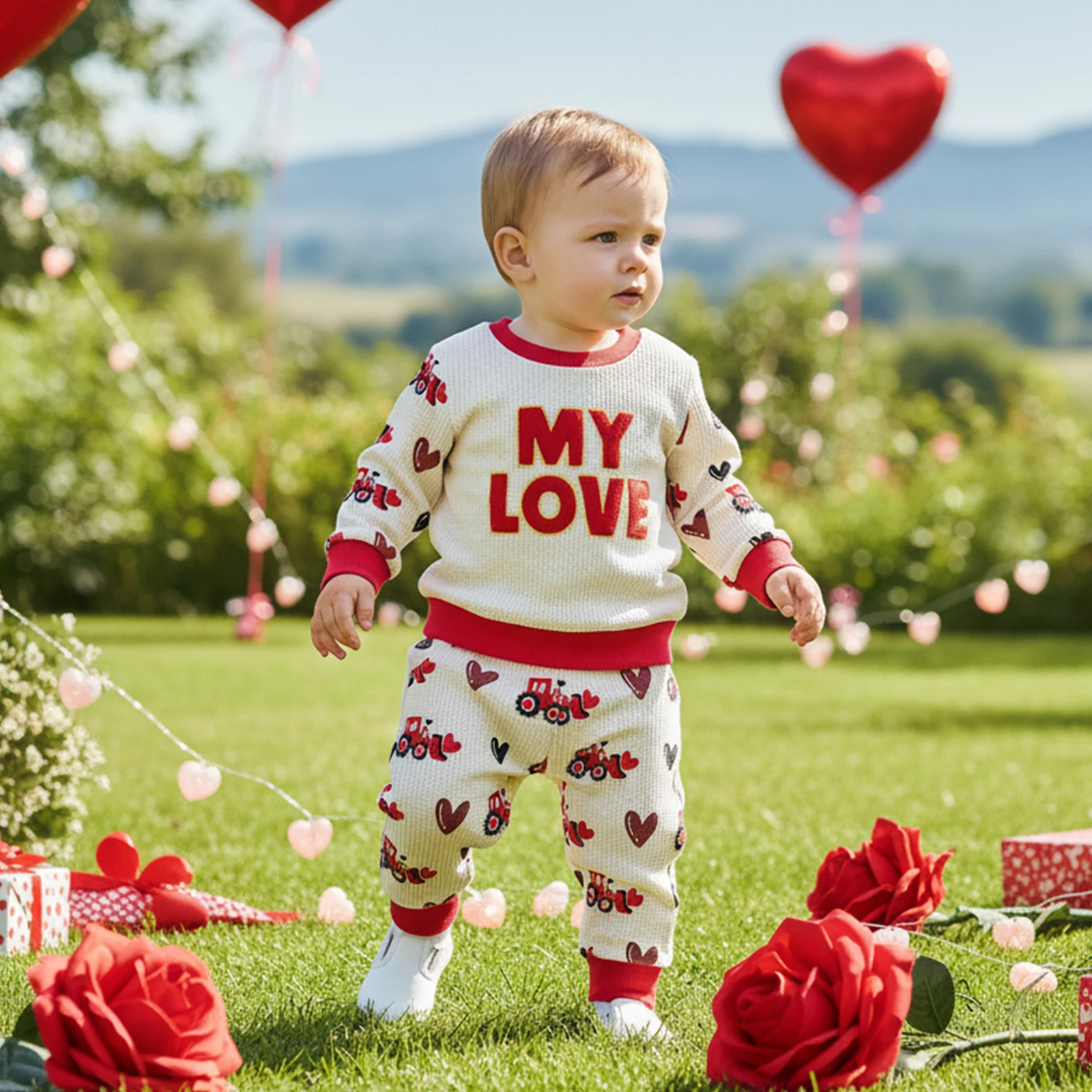 Suefunskry Conjunto de 2 piezas para el día de San Valentín para niño pequeño, bordado de letras, manga larga, cuello redondo, sudadera y pantalones para correr